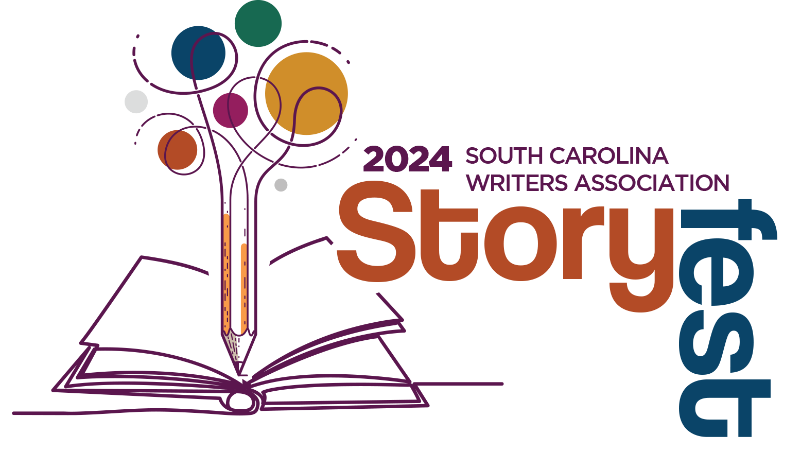 2024 Storyfest logo. Open book with pencil and swirls